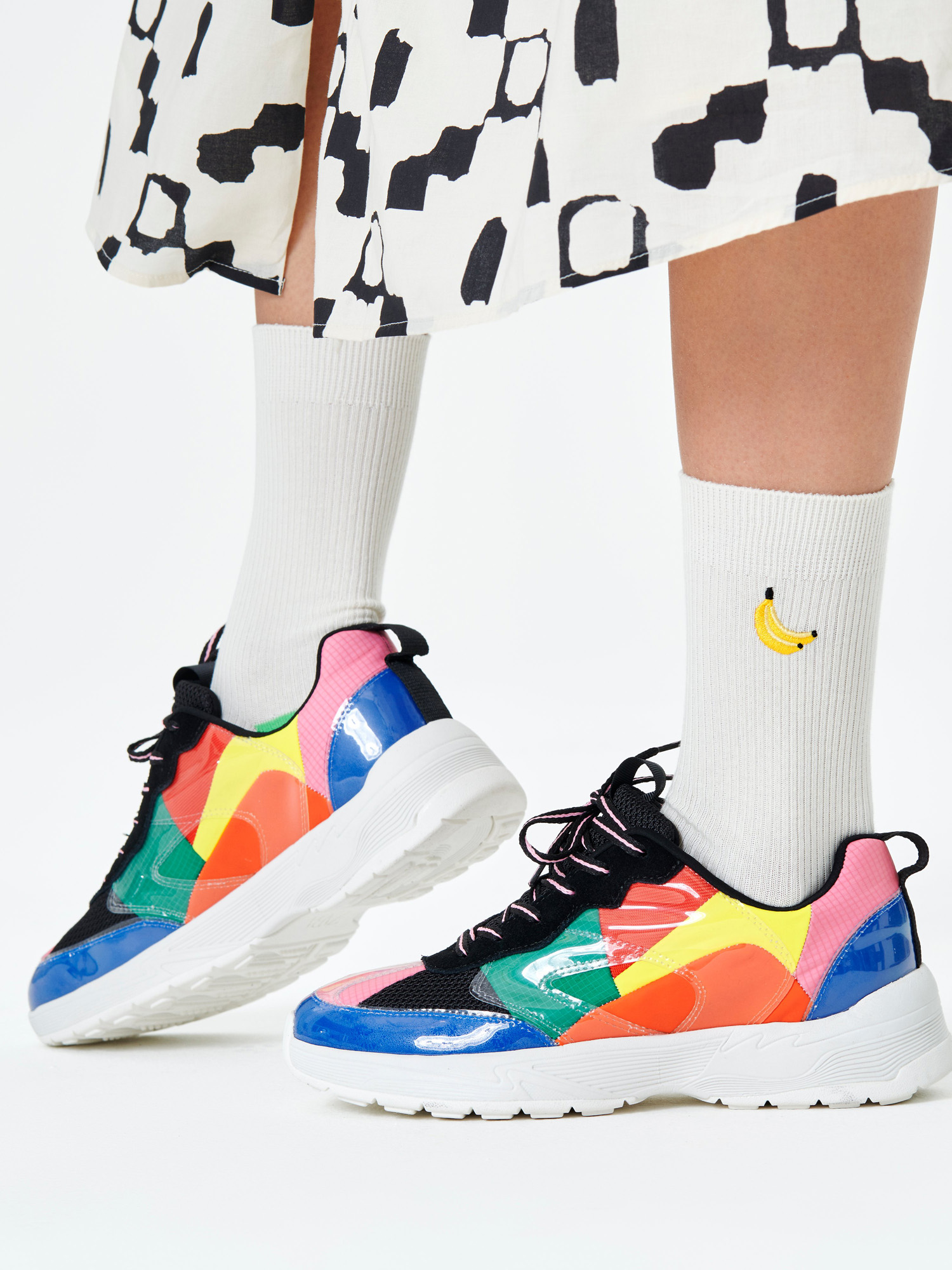 Happy Socks Ribbed Embroidery Banana Zokni (white)