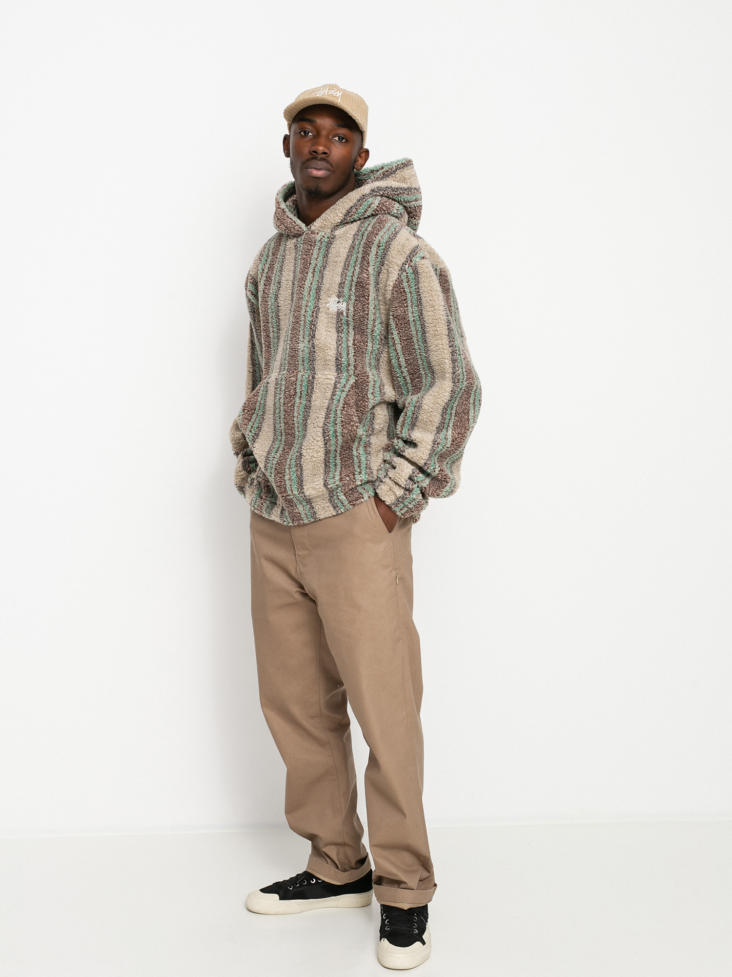Stussy Stripe Sherpa HD Kapucnis pulóver (tan)