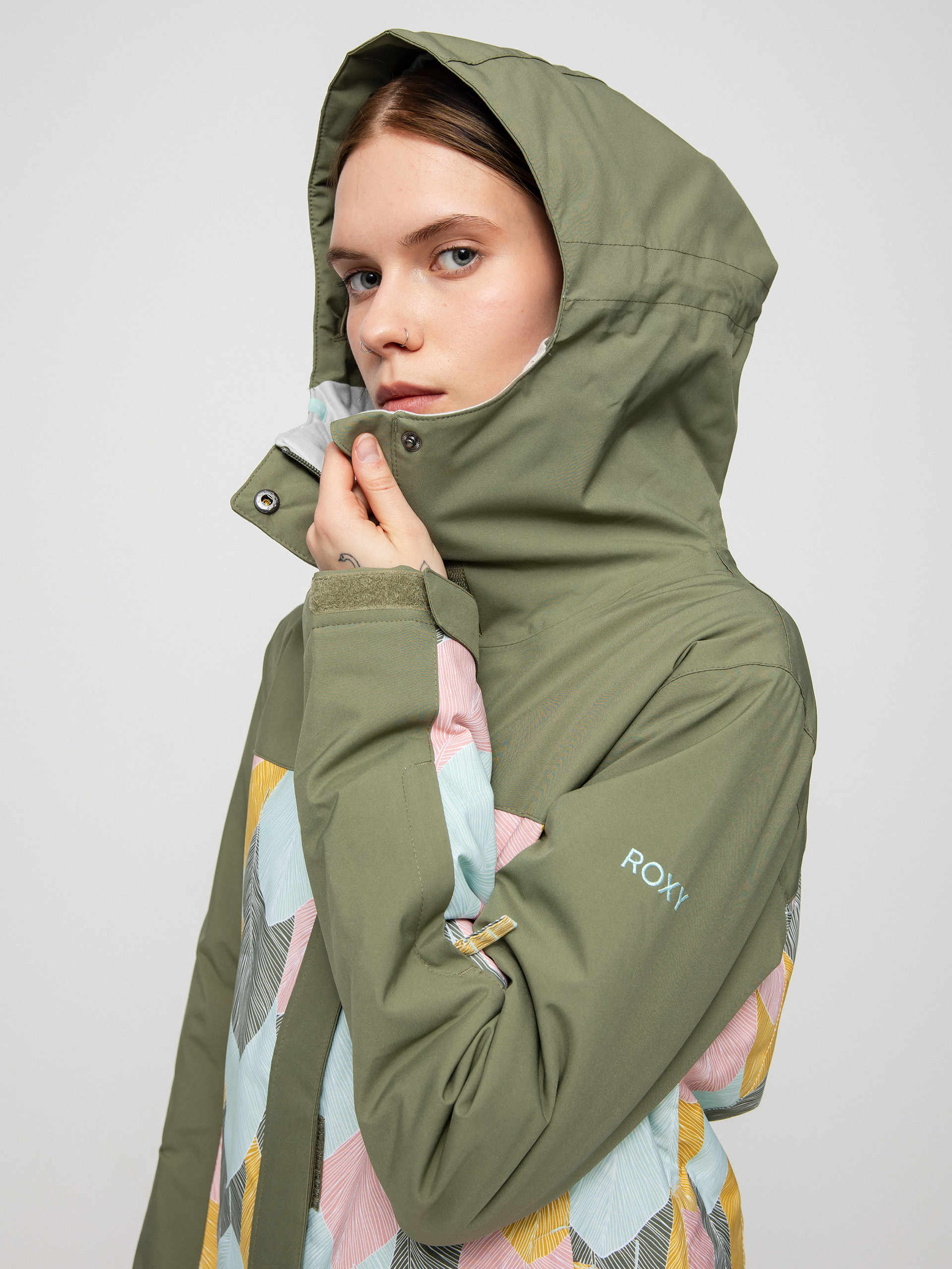 Női Roxy Galaxy Print Block Snowboard dzseki (deep lichen green la palmeraie)