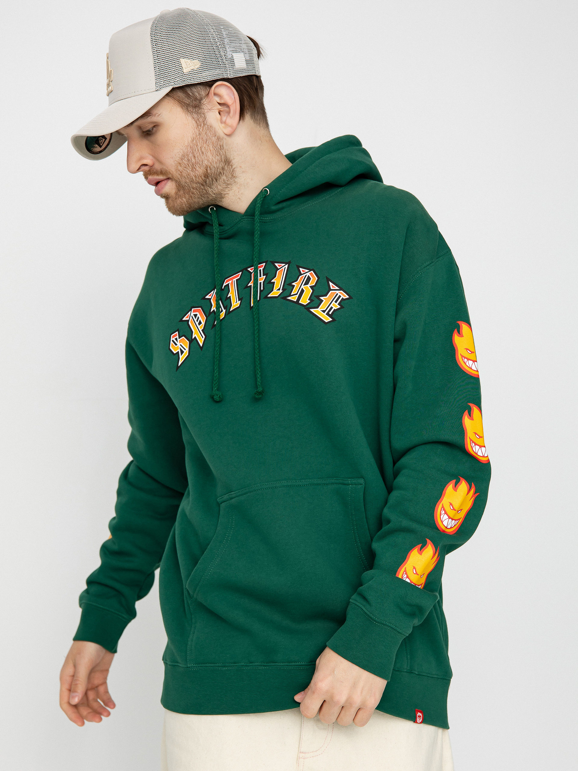 Spitfire Old E Bighead Fill Sleeve HD Kapucnis pulóver (dark green w/gold & red prints)