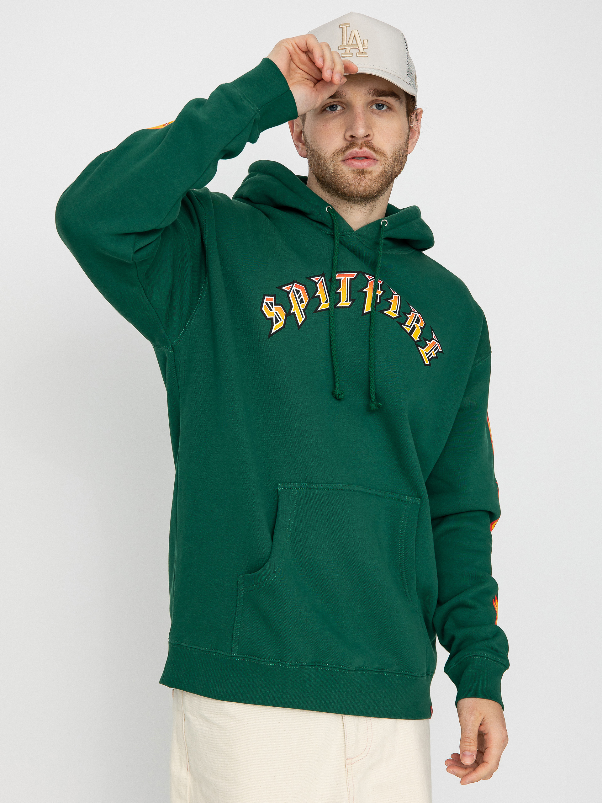 Spitfire Old E Bighead Fill Sleeve HD Kapucnis pulóver (dark green w/gold & red prints)