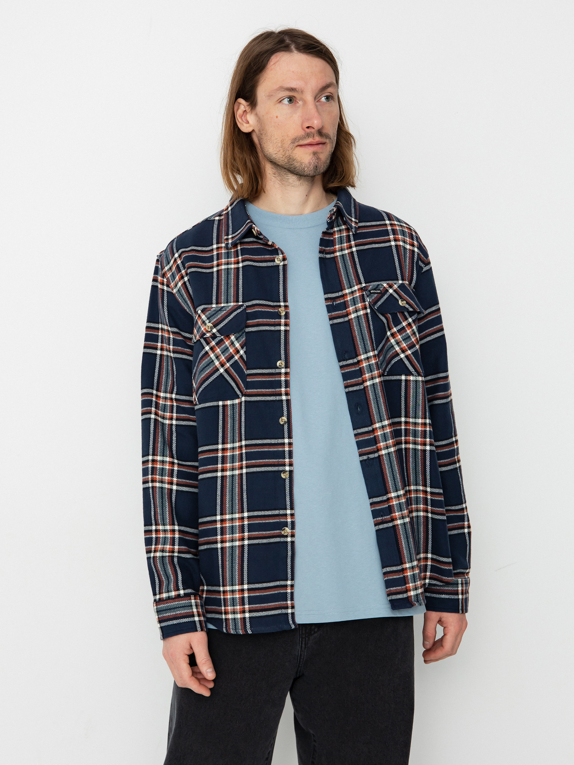 Brixton Bowery Flannel Ls Ing (washed navy/off white/terracot)