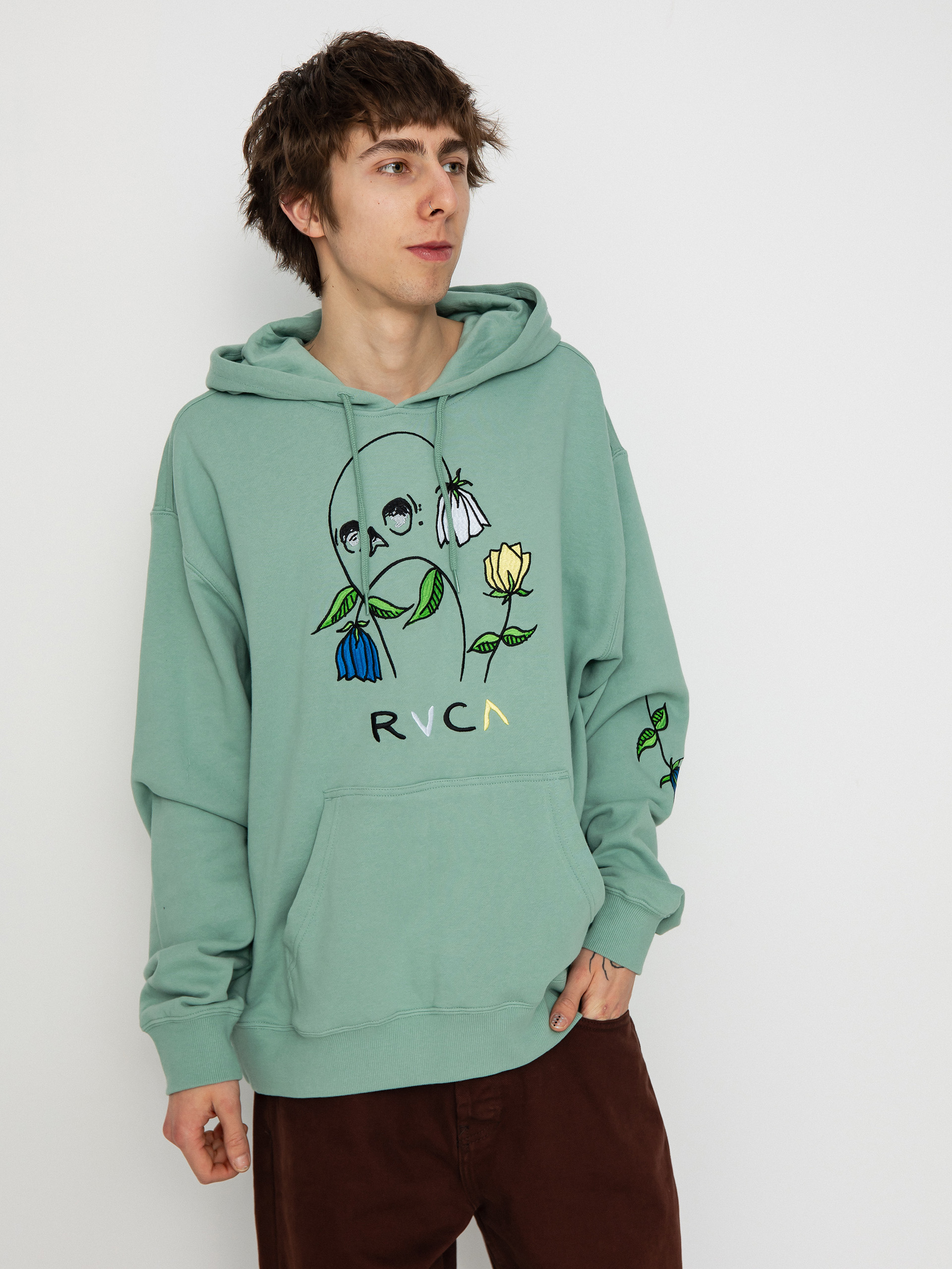 Kapucnis pulóver RVCA Flower Skull HD (green haze)