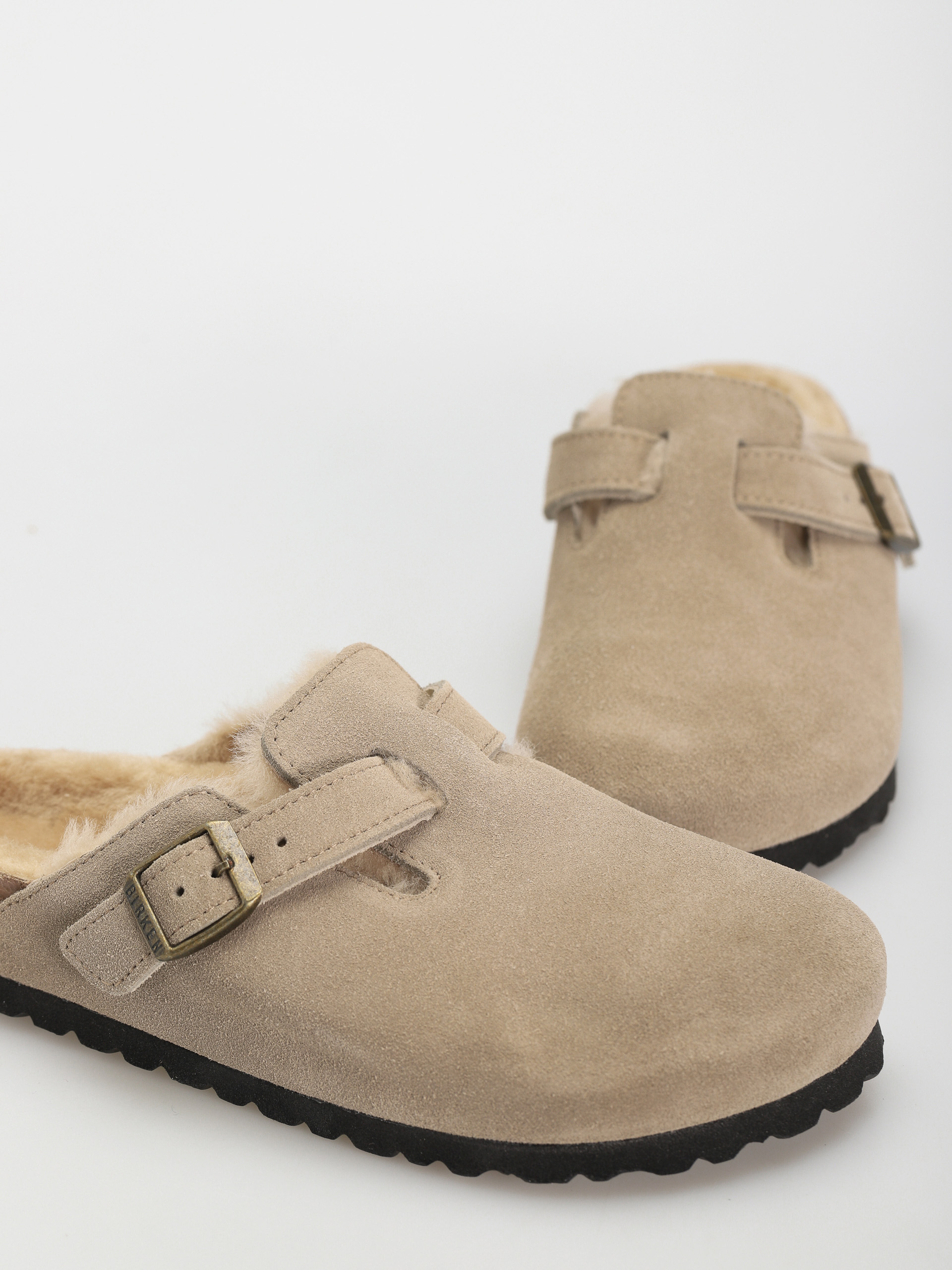 Birkenstock Boston Shearling Suede Leather Fur Narrow Wmn Flip-flop papucsok (taupe)