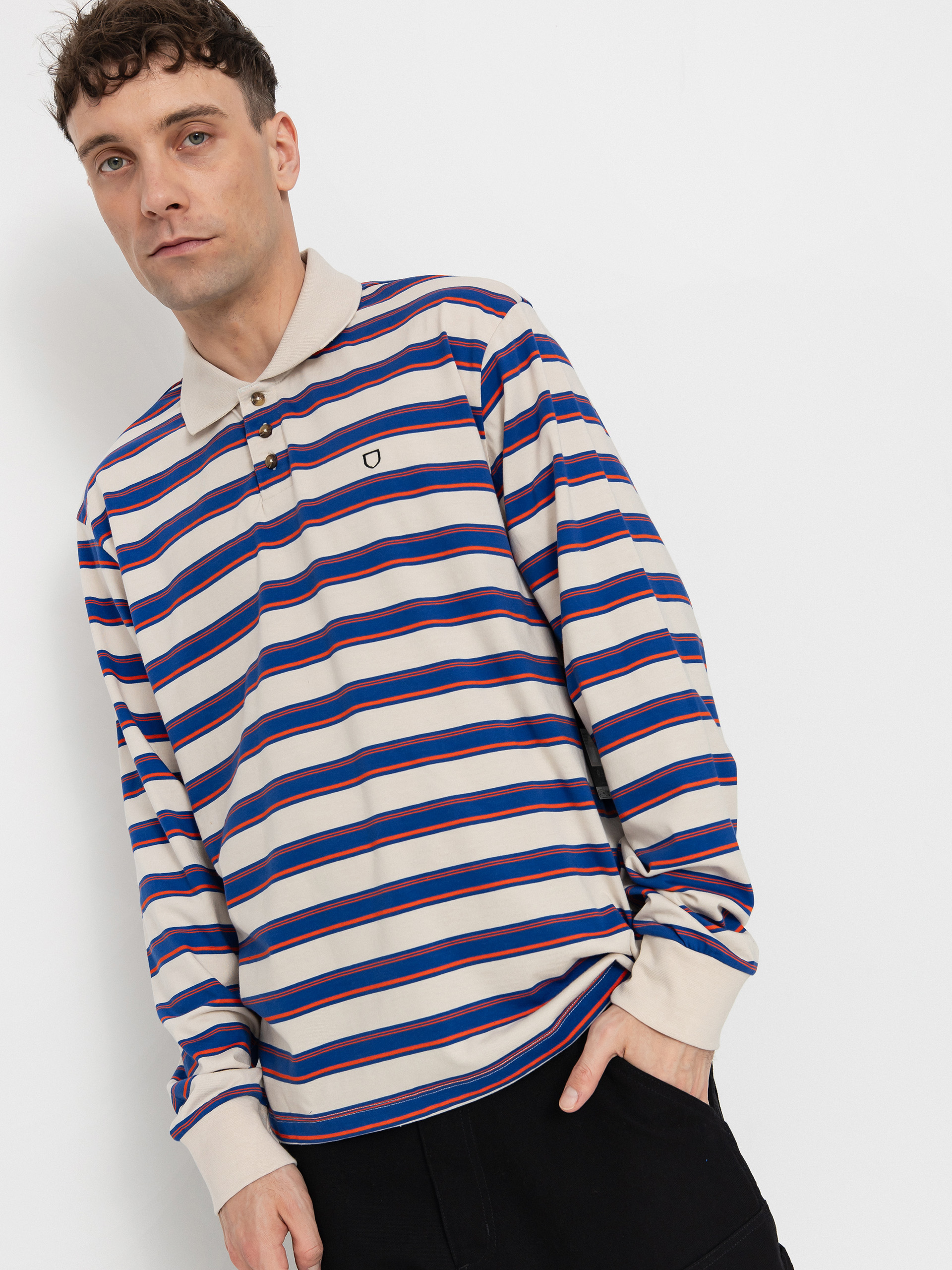 Brixton Vintage Stripe Polo Knit Hosszú ujjú felső (electric blue/flame/whitecap)