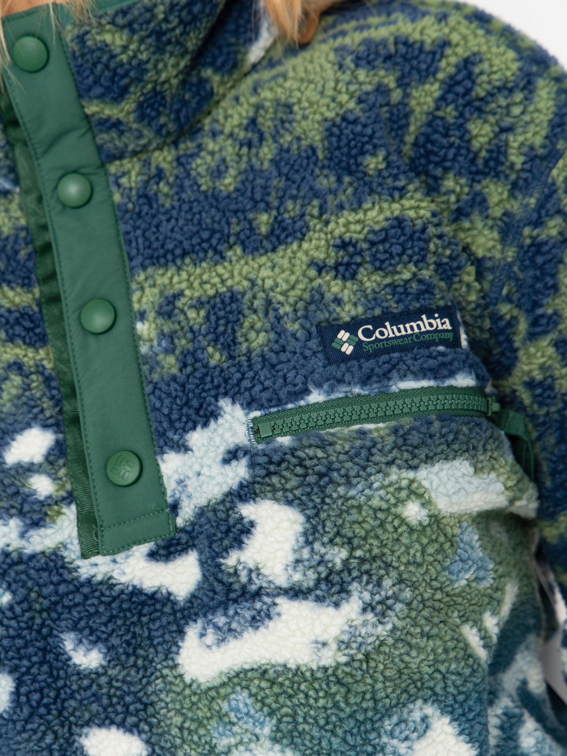 Női Columbia Helvetia II Printed Cropped Half Snap Polár pulóver (everblue sisters/rain forest)