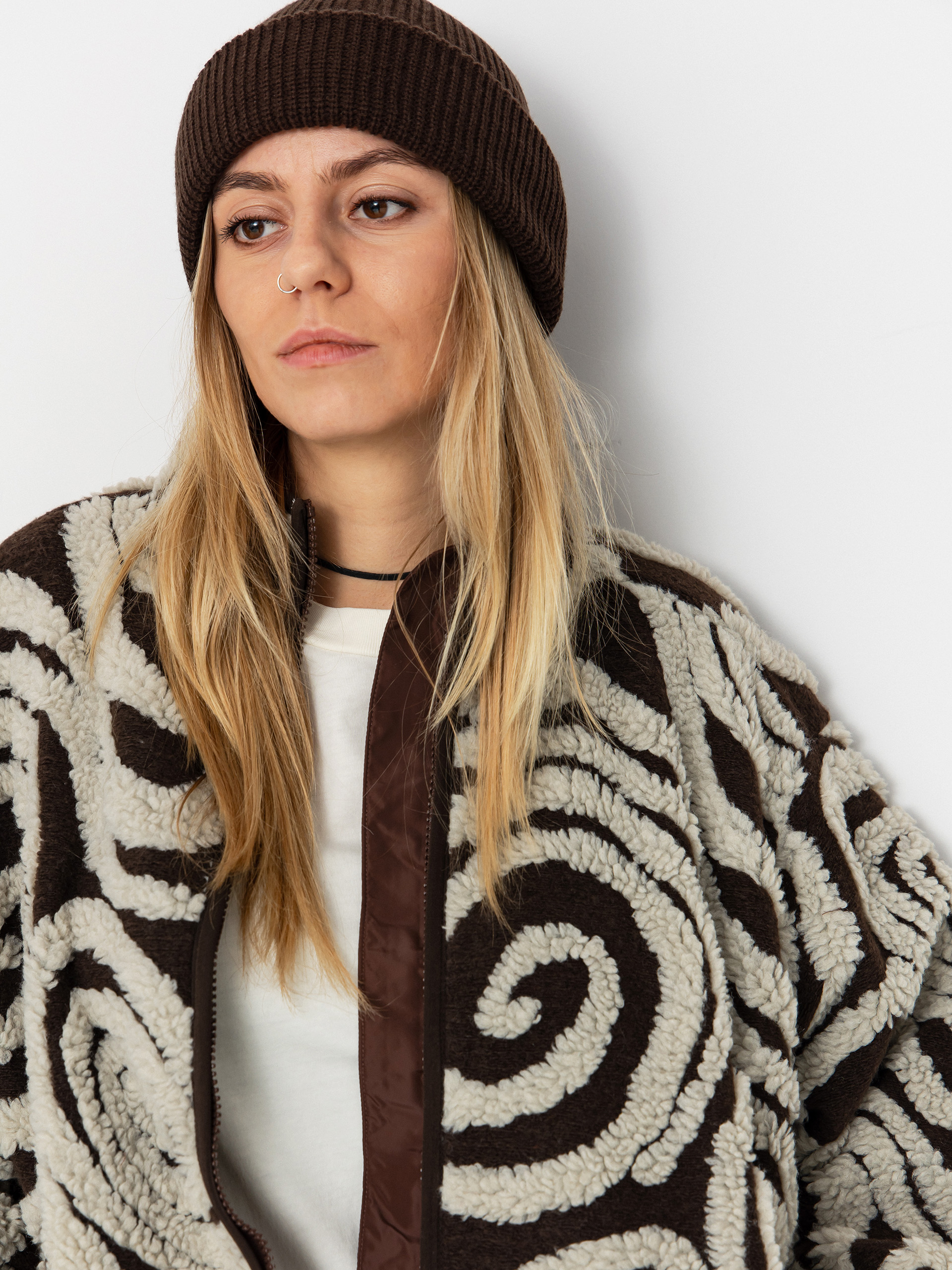 Női OBEY Swirls Jacquard Zip Polár pulóver (brown multi)