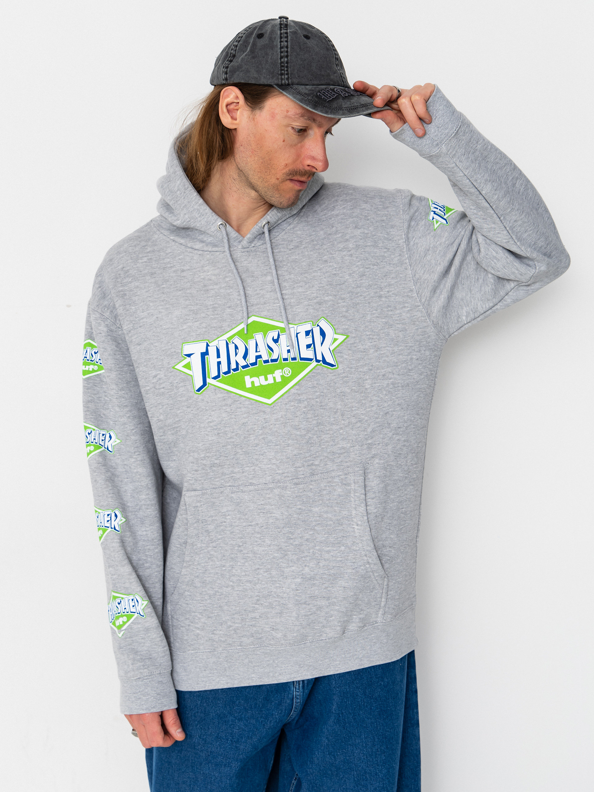 Kapucnis pulóver HUF X Thrasher Logo HD (heather grey)
