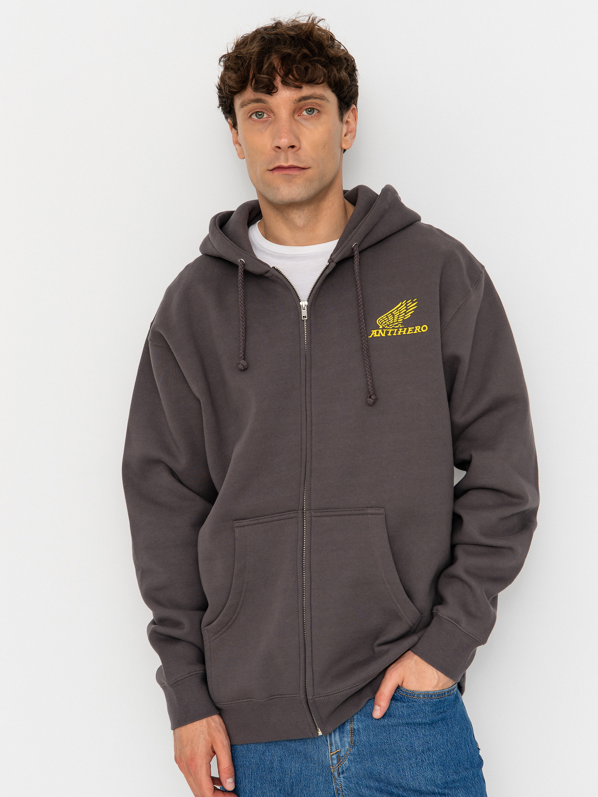 Kapucnis pulóver Antihero Motorized Emb ZHD (charcoal w/yellow embroidery)