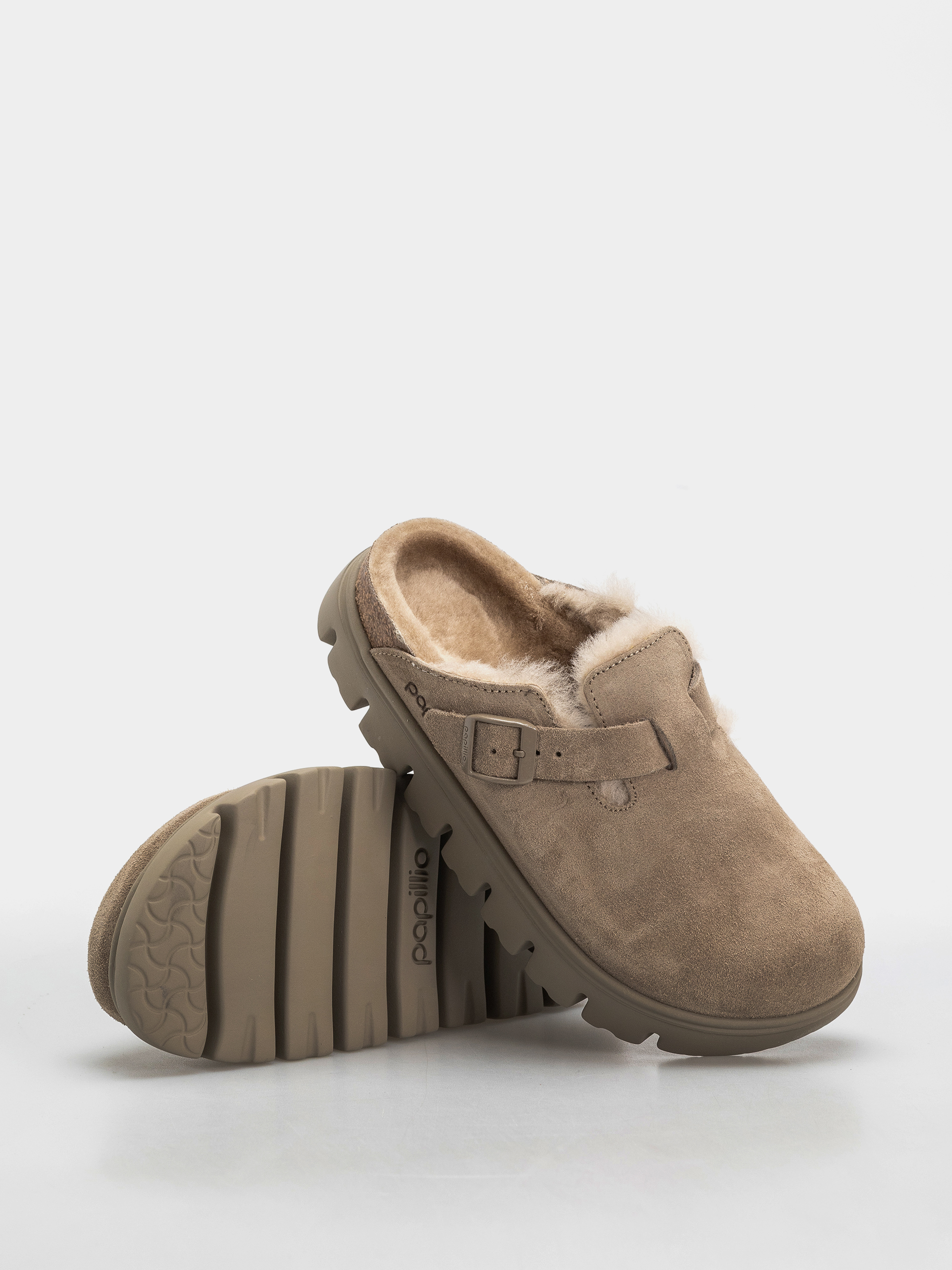 Birkenstock Boston Chunky Shearling Suede Leather Narrow Wmn Flip-flop papucsok (taupe)